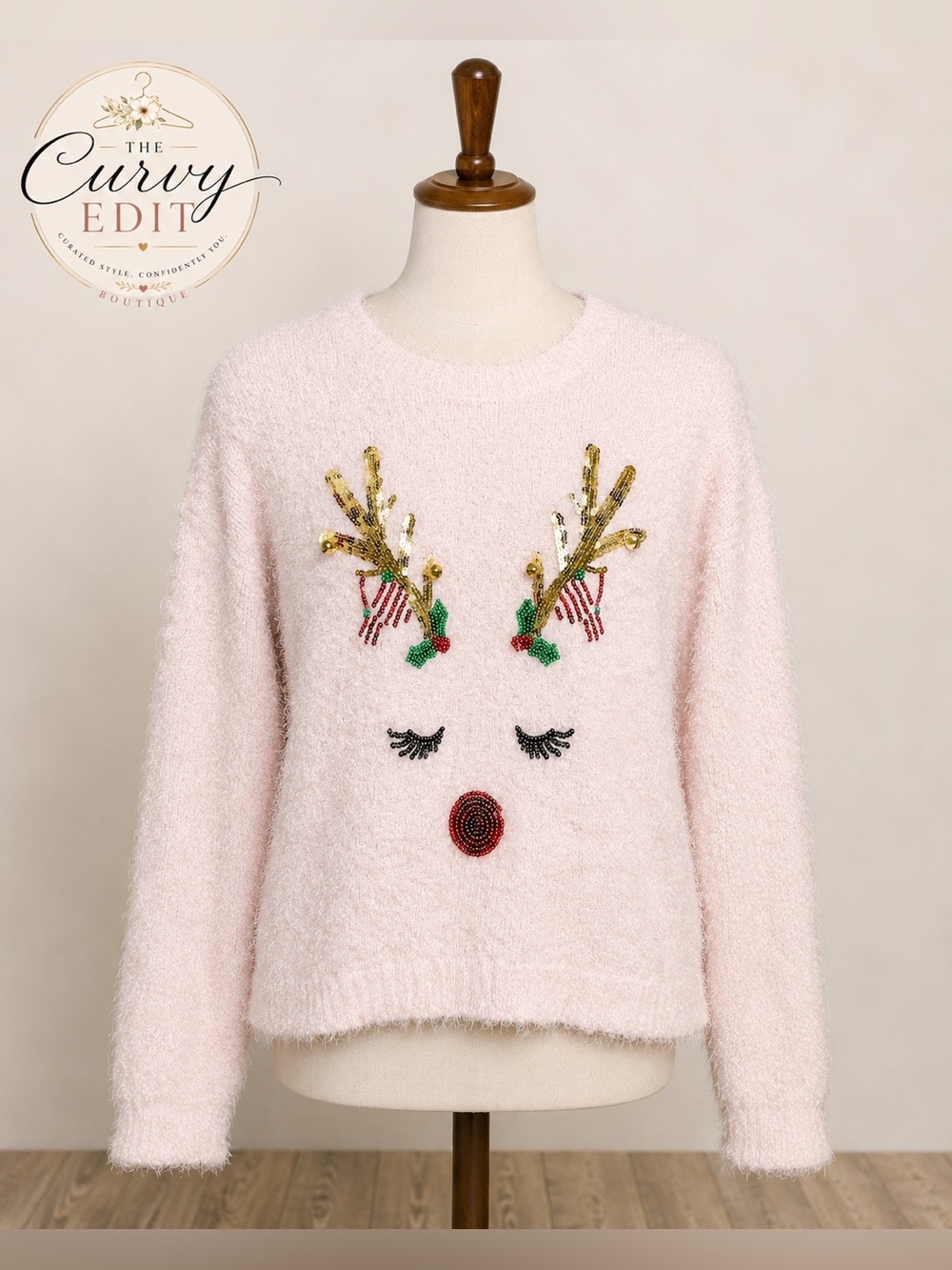 Holiday Time Eyelash Knit Reindeer Christmas Sweater | XL (16–18) Cozy Chic Pink